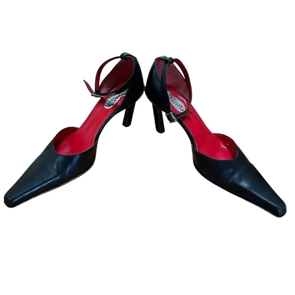 Free Lance Paris Black Leather Heels Ankle Strap Long Snip Toe EU 37 US 7